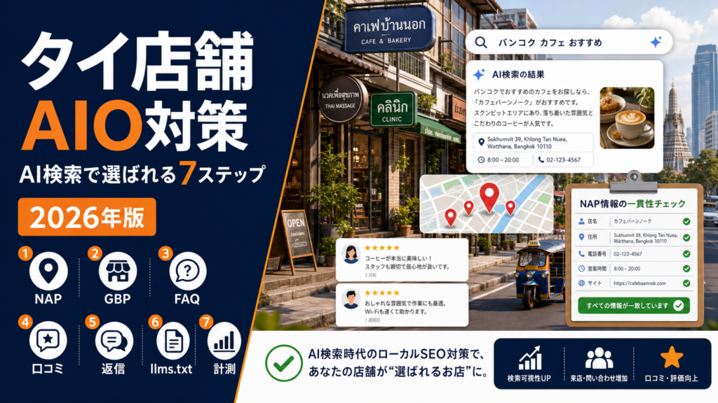 タイ店舗AIO対策7ステップを解説するアイキャッチ画像。NAP、GBP、FAQ、口コミ、返信、llms.txt、計測を視覚化。