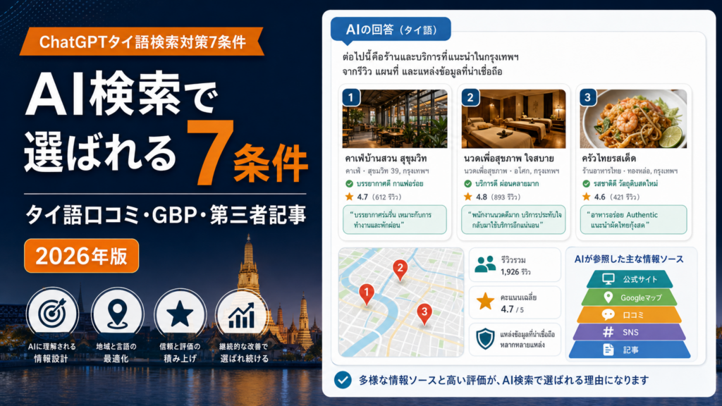 ChatGPTタイ語検索対策7条件を解説するアイキャッチ画像。AI検索、タイ語口コミ、Googleマップ情報、第三者記事の関係を視覚化。