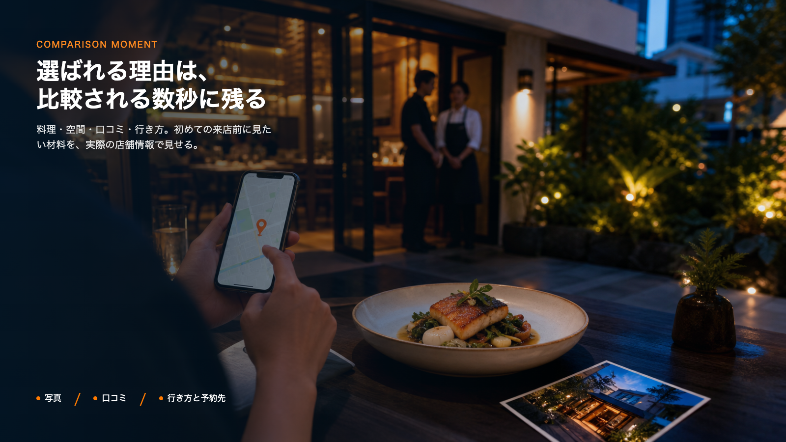 バンコクのレストランを探す利用者が、料理、店舗外観、地図を見ながら比較している様子