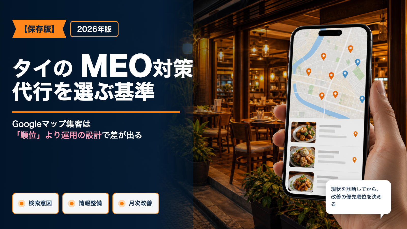 タイのMEO対策代行を選ぶ基準をGoogleマップ風検索画面で示したアイキャッチ画像