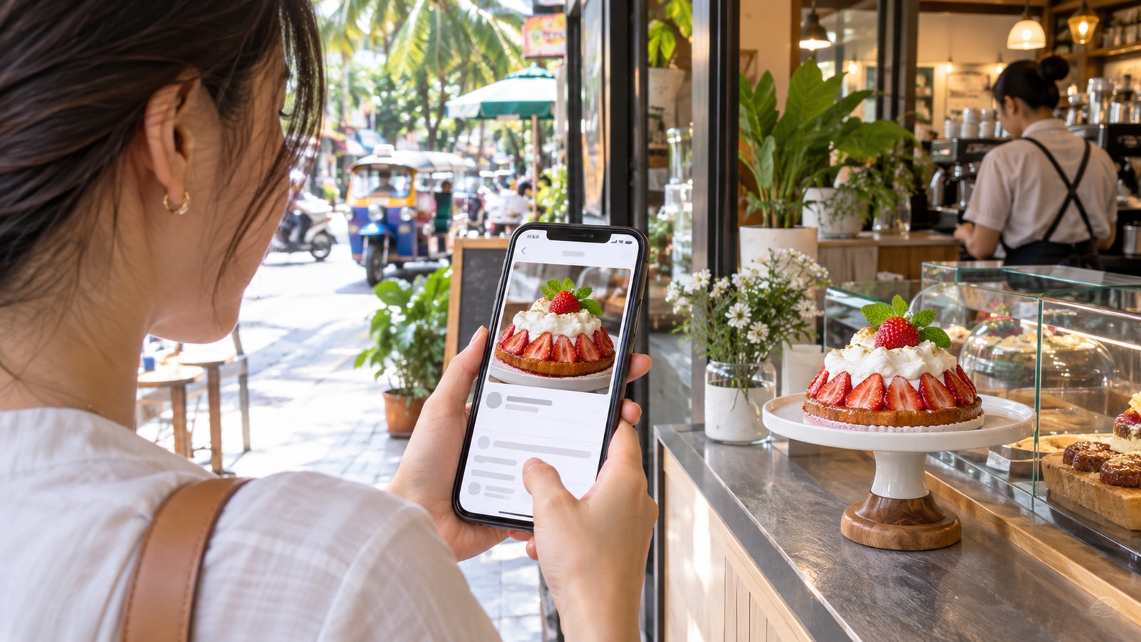 スマートフォンの商品写真とカフェのケーキを見比べる来店客のAI生成イメージ