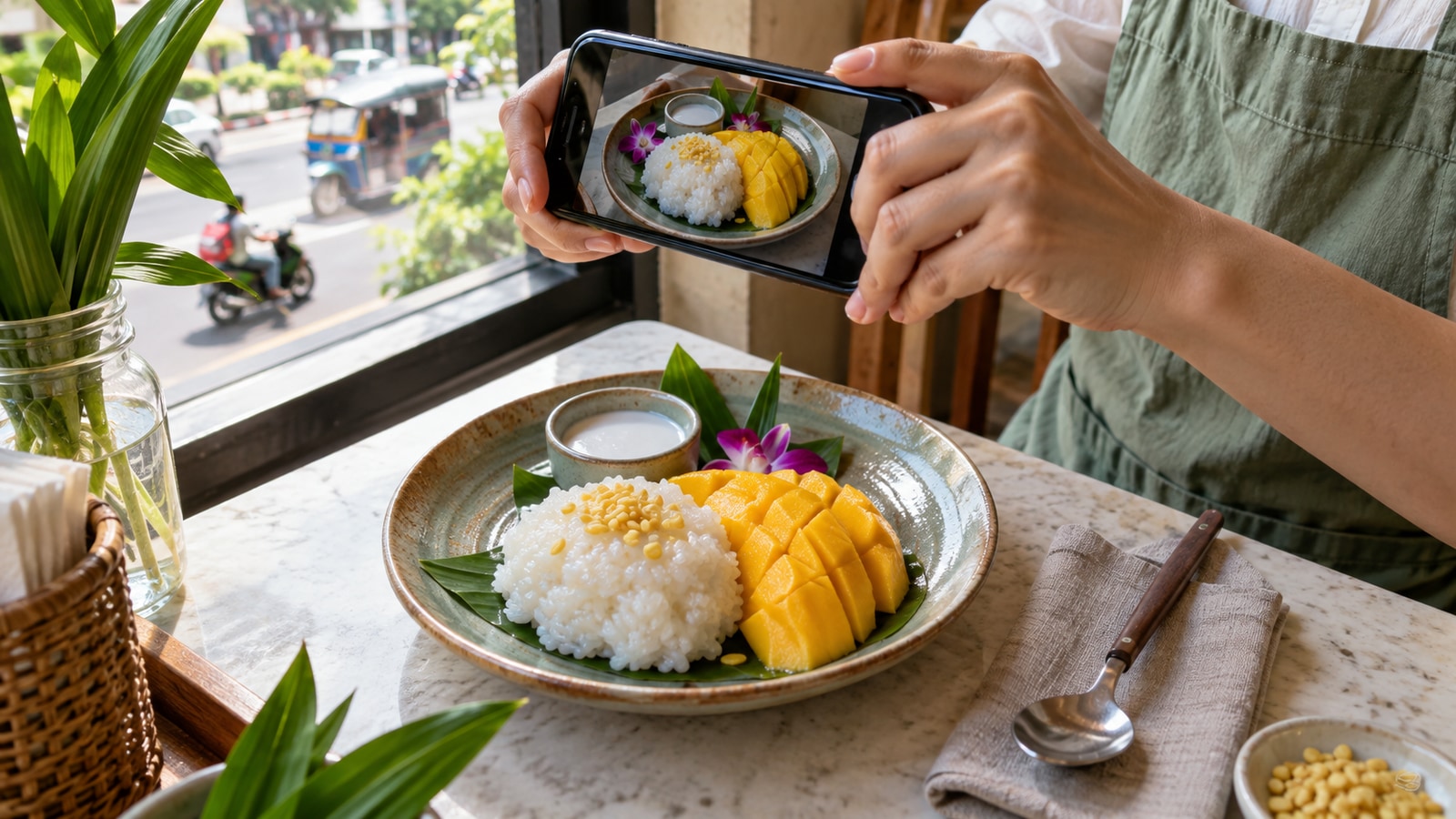 料理の実物をスマートフォンで撮影する店舗担当者のAI生成イメージ