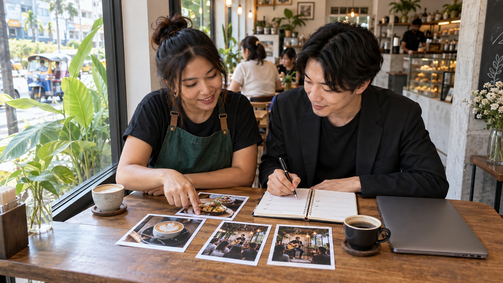 店舗担当者とマーケティング担当者が写真と手帳で次の投稿を相談するAI生成イメージ