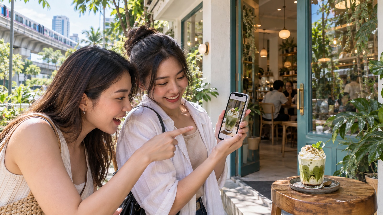 SNSの商品写真とカフェの提供商品を見比べる来店客のAI生成イメージ
