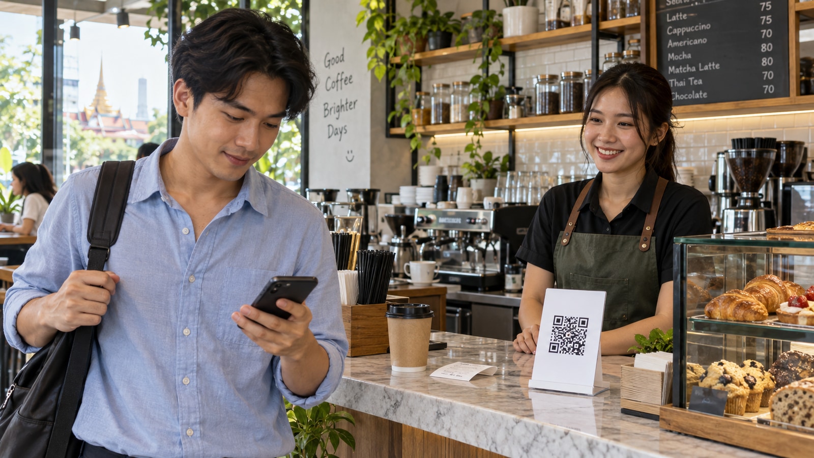 会計後の来店客が自分のスマートフォンを確認するカフェのAI生成イメージ