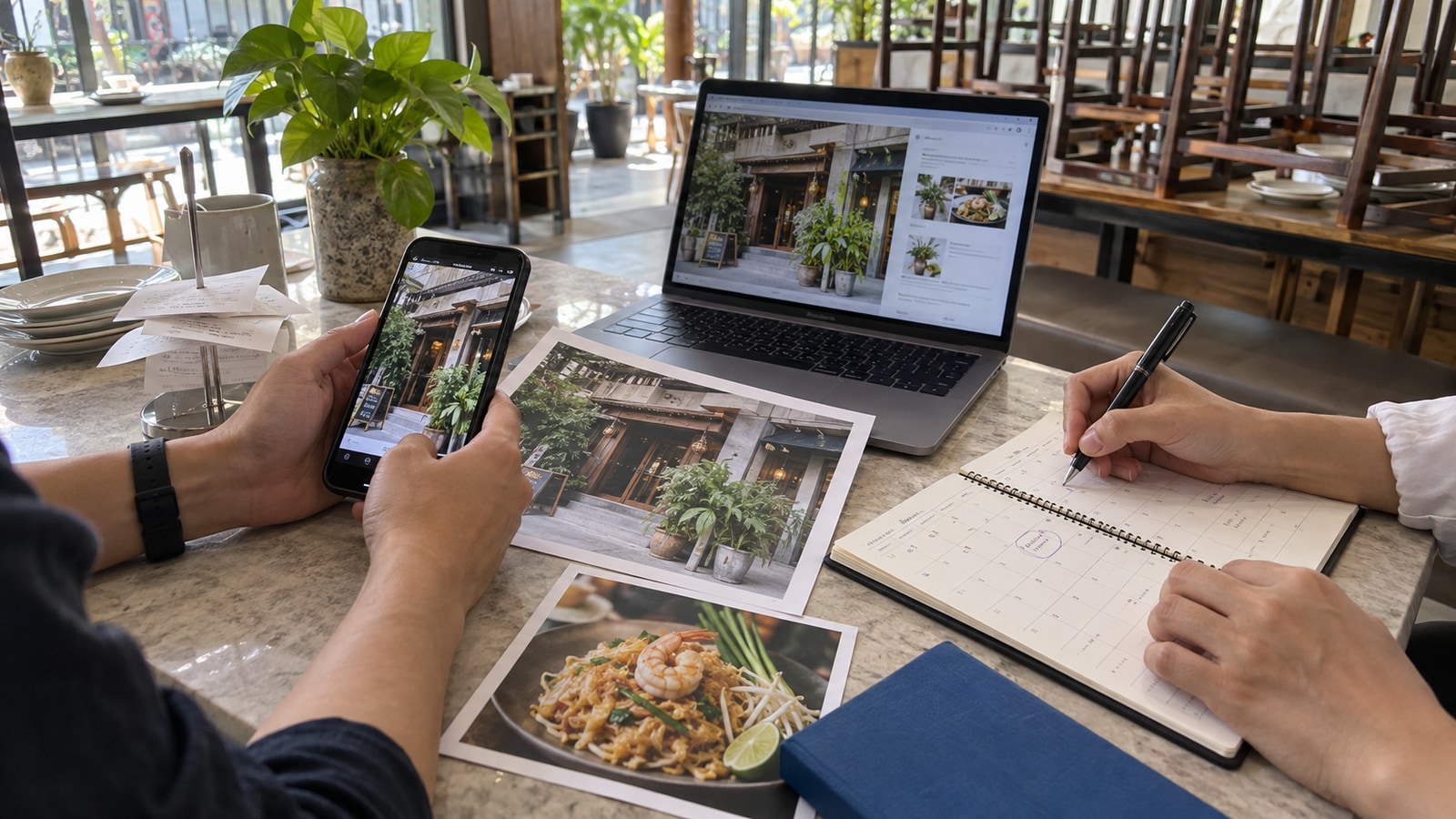 店舗の写真と公開情報を照合し変更内容を記録するスタッフのAI生成イメージ