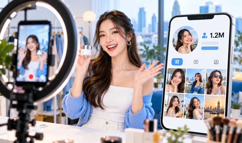 撮影中のタイの人気KOLとフォロワーの多いSNSプロフィール