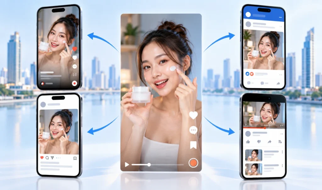 1本の動画をTikTok・Instagram・Facebook・YouTubeに展開するイメージ