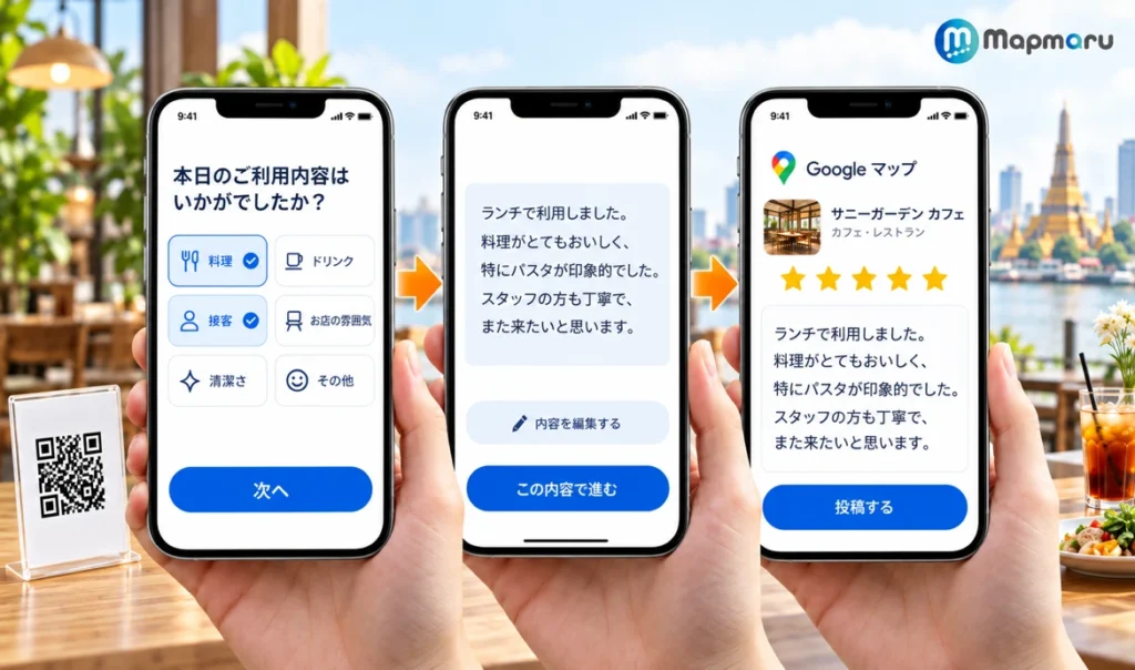 選ぶだけのアンケートからAIが口コミ文を作り、Googleマップに投稿する流れ
