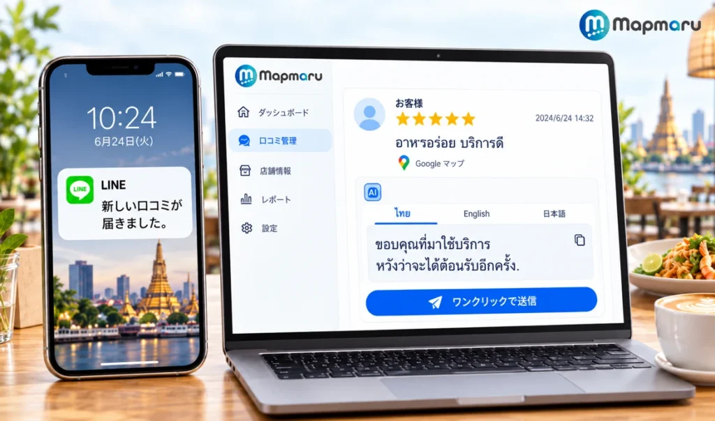 新着口コミのLINE通知と、AIが作成した返信文をワンクリックで送信する管理画面