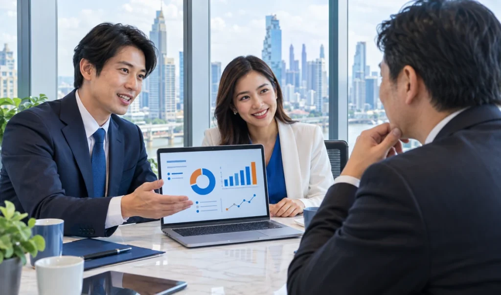 日本人スタッフとタイ人スタッフがクライアントと打ち合わせする様子