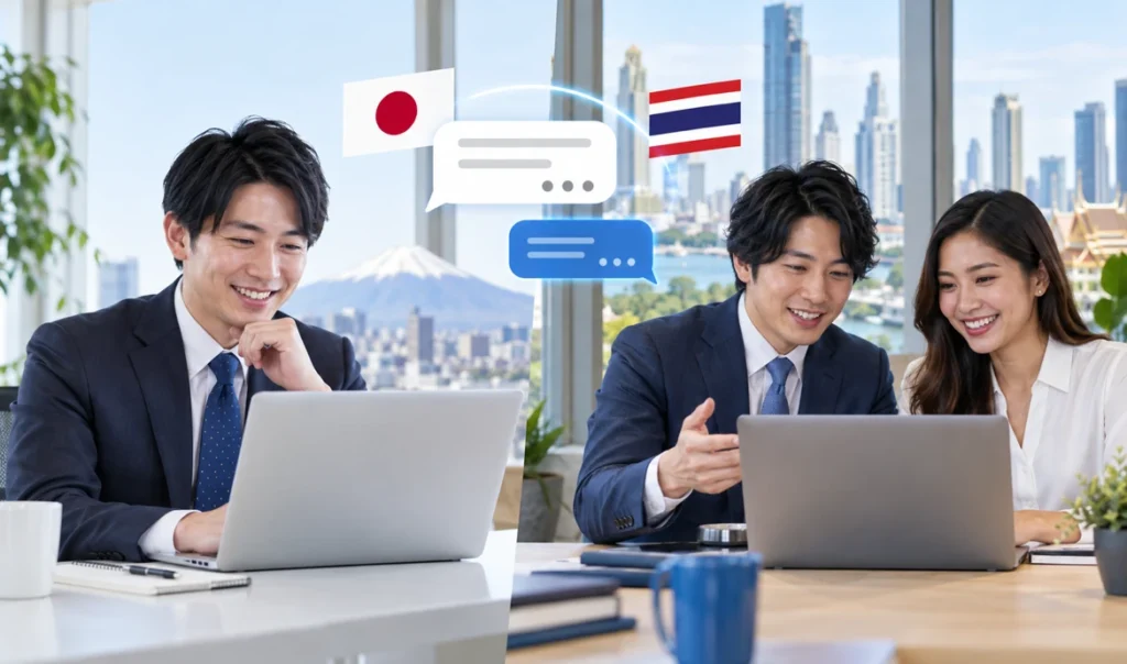 日本のクライアントとバンコクの日本人スタッフが日本語でやりとりするイメージ