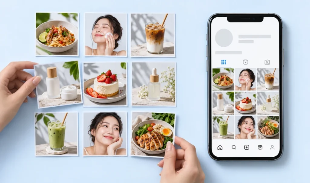 印刷した投稿の下書きを並べてInstagramのグリッドを設計する様子