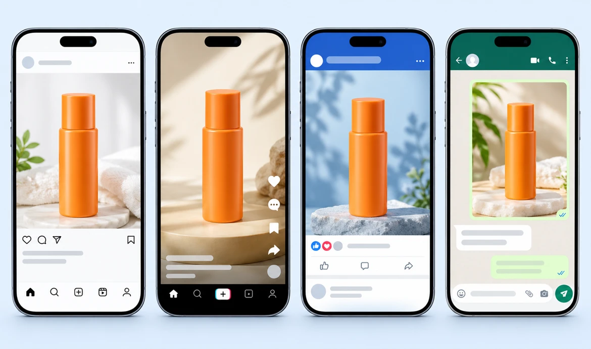 Instagram・TikTok・Facebook・LINEの4つの画面に同じ商品の投稿