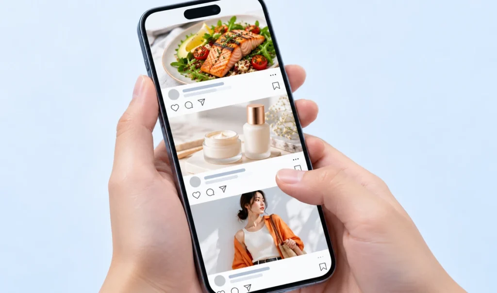 スマホでSNSの投稿をスクロールして情報を集める様子